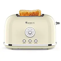 Torradeira Retrô 2 Fatias em Aço Inoxidável com 6 Níveis de Tostagem e Função de Reaquecimento, 825W, RAINBEAN, Creme