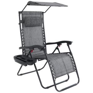 Cadeira Reclinável Ajustável Gravidade Zero com Apoio de Cabeça e Porta Copos e Cobertura de Sombra, ABCCANOPY Patiochair with shade, Cinza