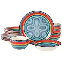 Aparelho de Jantar com 12 Peças em Cerâmica Pintadas á Mão, Gibson Home Rainbow, Azul