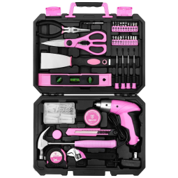 Kit de Ferramentas com Maleta de Transporte e Parafusadeira, 98 Peças, 110v, DEKO, Rosa