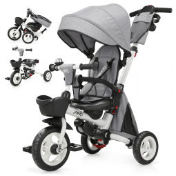 Triciclo Infantil Dobrável 7 em 1 com Alça Ajustável, Arnês de Segurança, Freios de Roda, Capota Removível e Armazenamento, JMMD, Cinza