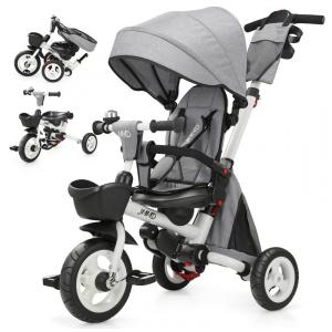 Triciclo Infantil Dobrável 7 em 1 com Alça Ajustável, Arnês de Segurança, Freios de Roda, Capota Removível e Armazenamento, JMMD, Cinza