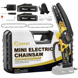 Mini Motosserra Elétrica Portátil para Poda de Galhos, Movida a Bateria 20V, Saker, Amarela