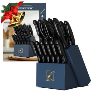 Conjunto de Facas em Aço Inoxidável de Alto Carbono com Bloco de Bancada e Cabo Ergonômico, 16 Peças, Imarku, Preto