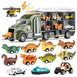 Caminhão Transportador de Dinossauros com Luzes, Som e 13 Peças para Crianças Acima de 3 Anos, LAVESOM