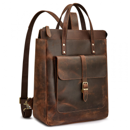 Mochila Feminina para Laptop de Couro, S ZONE, Marrom