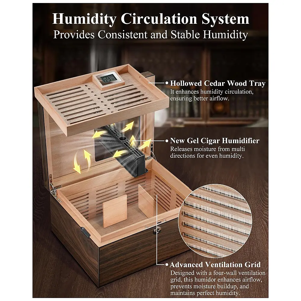 Humidificador para Charutos Teplat Marrom Cedro Espanhol Capacidade 120 Charutos Higrômetro Digital — foto 3
