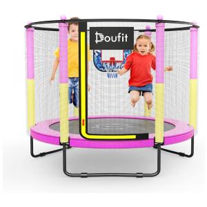 TR 05 Cama Elastica Infantil com Diâmetro e Cesta de Basquete para até 150 kg, DOUFIT, Rosa