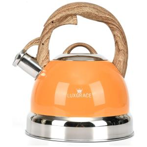 LUXGRACE Chaleira 2L com Apito e Cabo ergonômico, Aço Inoxidável, Laranja