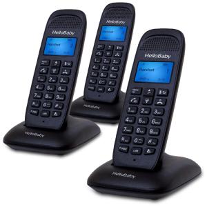 Telefone sem Fio HelloBaby DECT 6.0 com 3 Aparelhos, Identificador de Chamadas, Bloqueio, Display LCD Azul, Botões Grandes e Alcance de 50