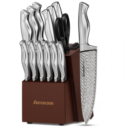 Conjunto de Facas em Aço Inoxidável com Bloco de Bancada, 15 Peças, Astercook, Prata