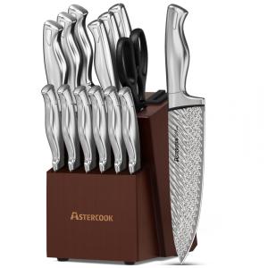 Conjunto de Facas em Aço Inoxidável com Bloco de Bancada, 15 Peças, Astercook, Prata