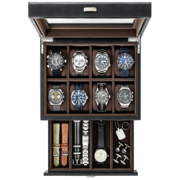 Caixa, Estojo de Couro para Relógios com 8 Compartimentos, TAWBURY, Preto