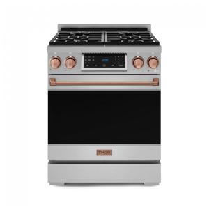 Fogão a gás GLP profissional 76cm Thor Kitchen Gordon Ramsay inox/rose gold painel touch basculante convecção grelha contínua 129L 110V