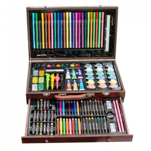 Kit de Arte XARONF 130 Peças Marrom, Estojo Madeira Deluxe, Lápis, Pastel, Tintas Acrílica e Aquarela, Pincéis, Profissional e Iniciante
