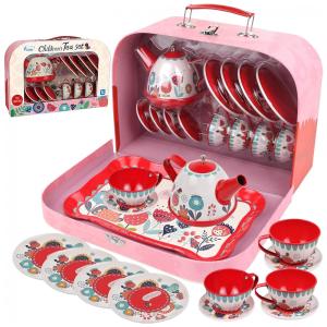 Jogo de Chá Infantil 15 Peças com Tema Floral e Estojo de Transporte para Crianças Acima de 3 Anos, KIDDIE PLAY, Vermelho e Rosa