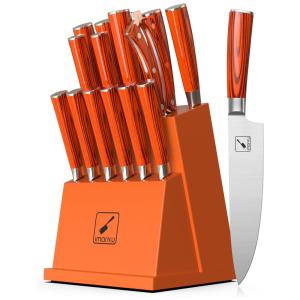 Conjunto de Facas em Aço Inoxidável com Bloco de Bancada e Afiador Embutido, 16 Peças, Imarku, Laranja