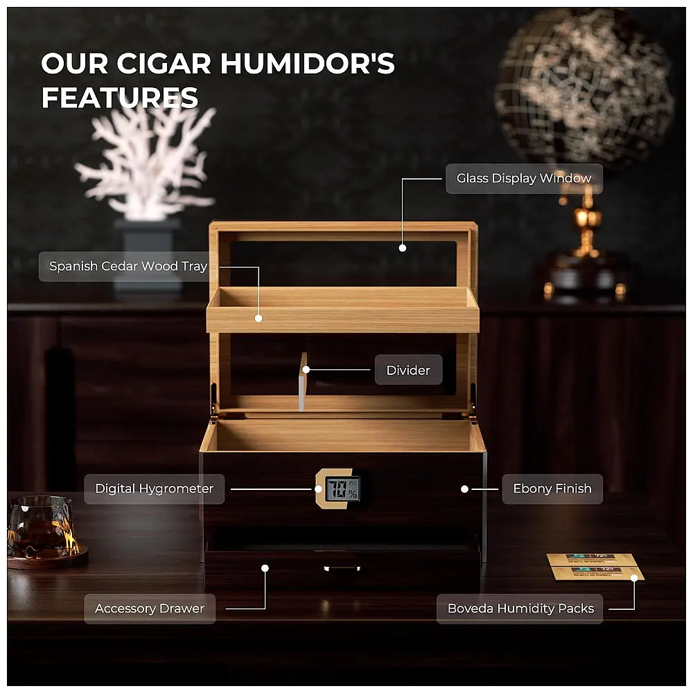 Humidor Woodronic Preto com Higrômetro Digital e Vedação Hermética para 50-80 Charutos — foto 3