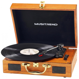 Toca Discos com Bluetooth, 3 Velocidades e Plataforma Giratória Acionada por Cinto, Musitrend, Marrom