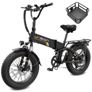 Bicicleta elétrica dobrável Jasion X-Hunter Pro preta com cesto pneus 20x4 motor 750W pico 1800W bateria 48V 15Ah 80 km 110V