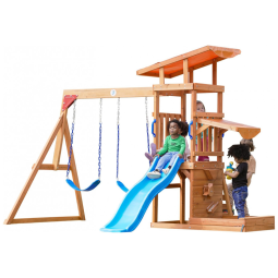 Conjunto de Balanços de Madeira Dolphin Playground T Cedro Natural com Escorregador Ondulado 1,83 m, Caixa de Areia, Parede de Escalada