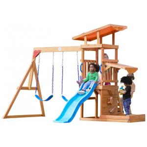 Conjunto de Balanços de Madeira Dolphin Playground T Cedro Natural com Escorregador Ondulado 1,83 m, Caixa de Areia, Parede de Escalada