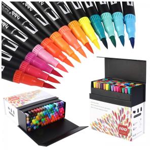 Conjunto de Canetas Artisticas 100 Cores de Ponta Dupla para Adultos, Hhhouu HO100B, Preta