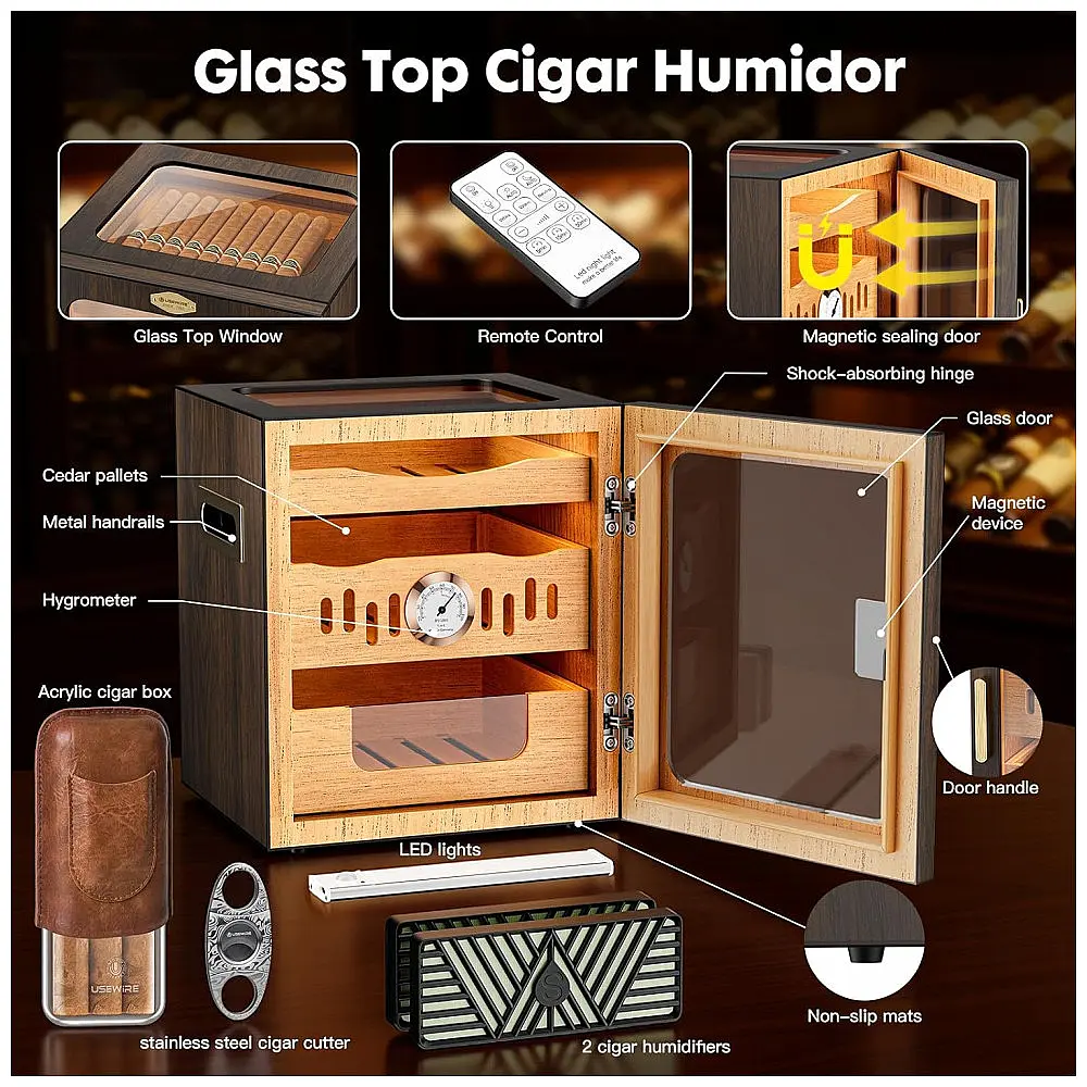 Humidor para Charutos Usewire Madeira Nogueira com LED 80 Charutos Sistema Duplo de Umidificação — foto 3