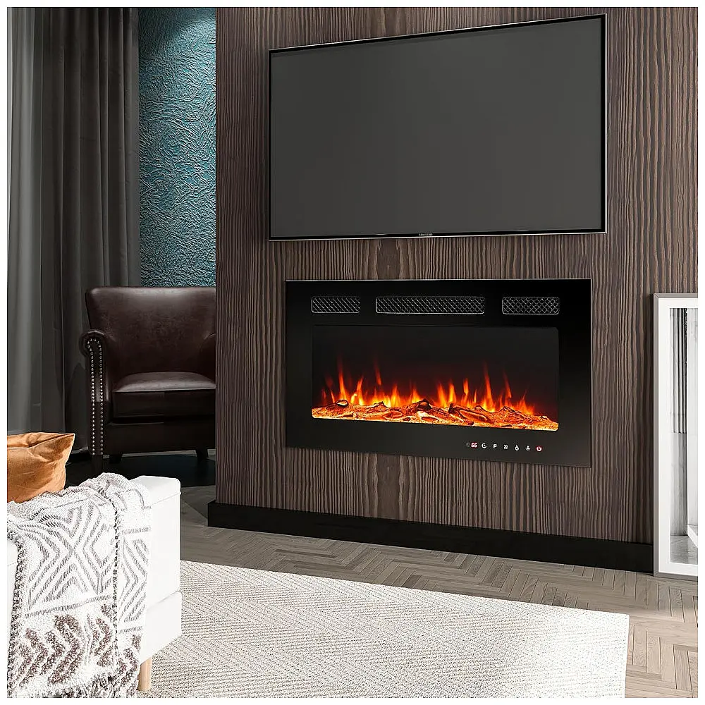 Lareira Elétrica de Embutir A43x76L cm com Temporizador, Controle Remoto e Digital, 110V 1500W, Eueiriup, Preta — foto 2