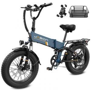 Bicicleta elétrica dobrável Jasion X-Hunter Pro azul com cesto traseiro pneus 20x4 motor 750W pico 1800W bateria 48V 15Ah 80 km 110V