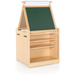 Cavalete infantil 2 em 1 Guidecraft Natural com mesa de arte, lousa branca, lousa de giz e carrinho com nichos