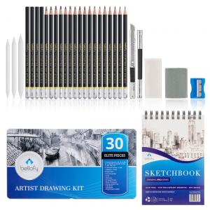 Kit Lápis de Cor Profissional com Estojo 30 peças Tintas Acrílicas, Aquarela, BELLOFY P02C, Preto