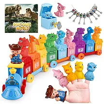 Trem Dinossauro STEM- Montessori Tsomtto com Vagões Numerados, Chaves e Fantoches de Dedo para Crianças a Partir de 18 Meses