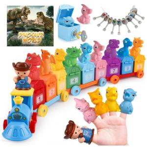 Trem Dinossauro STEM- Montessori Tsomtto com Vagões Numerados, Chaves e Fantoches de Dedo para Crianças a Partir de 18 Meses