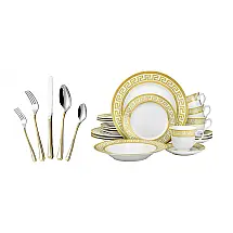 Aparelho de Jantar HOMEHUT Greek Key Gold 120 Peças Porcelana Serviço para 12 Friso de Ouro