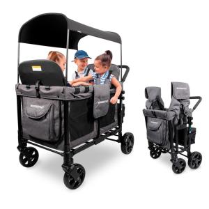 Carrinho de Passeio para 4 Crianças Multifuncional com Cobertura Removível e Dobramento, até 136 kg, WONDERFOLD W4, Cinza Claro