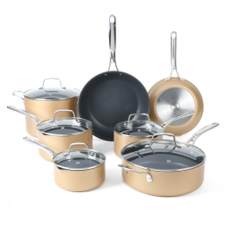 Conjunto de Panelas e Frigideiras Antiaderentes em Alumínio, 12 Peças, MARTHA STEWART, Dourada