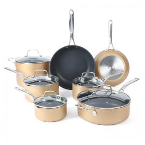 Conjunto de Panelas e Frigideiras Antiaderentes em Alumínio, 12 Peças, MARTHA STEWART, Dourada