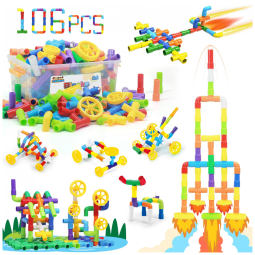 Brinquedo de construção STEM Ggiibro 106 peças tubos plásticos com caixa organizadora