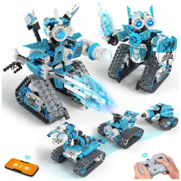 Kit Educativo de Engenharia Azul e Branco – Opmind 5‑in‑1 STEM RC Robot Building Kit com 398 Peças e Controle App/Bluetooth