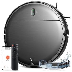 Aspirador Robô e Esfregão 2 em 1 com Controle por Wi-Fi, App, Alexa, Carregamento Automático e Sucção Máxima de 1400Pa, 110V, MAMNV, Preto