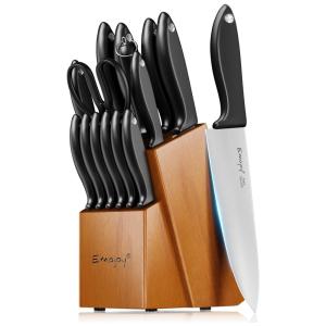 Emojoy Conjunto de Facas com Afiador Embutido e Bloco de Bancada 15 Peças, Preto