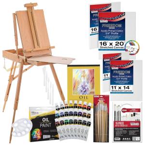 de Pintura Profissional com Cavalete Francês, 63 Peças, U.S. ART SUPPLY Kit OIL 59, Marrom