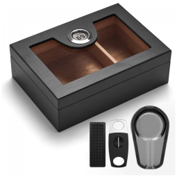 Umidor de Cedro Espanhol para 25-50 Charutos c/ Higrômetro, Umidificador, Cinzeiro, Cortador e Isqueiro - Kit Completo de