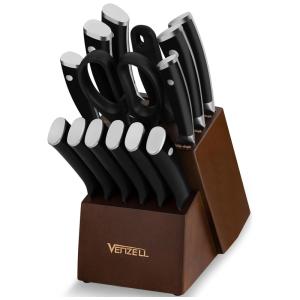 Conjunto de Facas com Bloco de Bancada, Afiador Embutido e Cabo Ergonômico, 15 Peças, VENZELL, Preto
