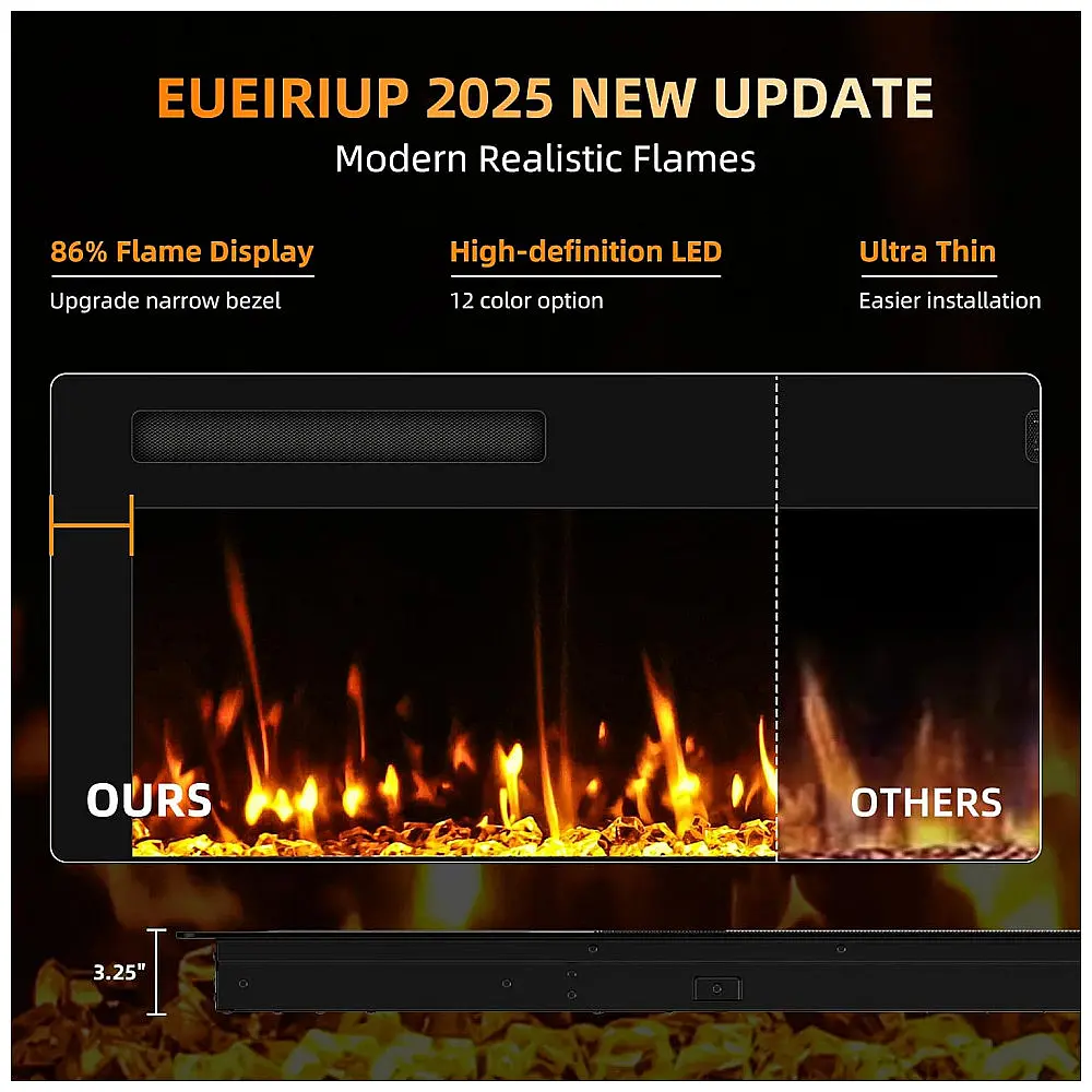 Lareira Elétrica Eueiriup 183x46cm 1500W 12 Cores LED Controle Touch Embutir 110V — foto 2