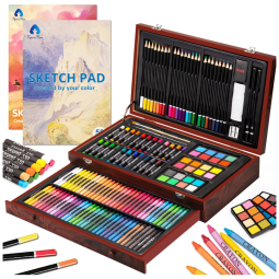 Kit Lápis de Cor Profissional com Maleta de Madeira 146 peças Tintas Acrílicas, Aquarela, VIGORFUN VIACASBN21148, Marrom