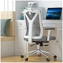 Cadeira de Escritório Ergonômica Giratória com Apoio de Braços, Suporte Lombar Ajustável e Apoio de Cabeça, Branca, FENICHI, Cinza