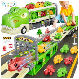 Caminhão Dinossauro que Vira Pista de Corrida com Luz, Som e 6 Carros Dino, Idade Rec 2 a 7 Anos, FUNWEE.