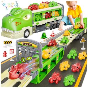 Caminhão Dinossauro que Vira Pista de Corrida com Luz, Som e 6 Carros Dino, Idade Rec 2 a 7 Anos, FUNWEE.